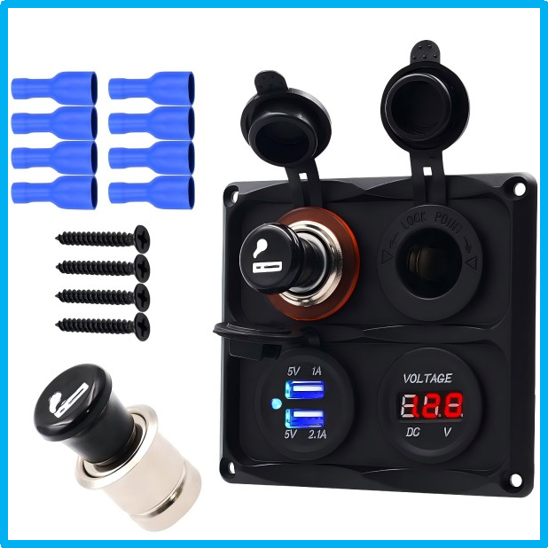 雙USB組合四孔面板+點煙器+電壓表+取電座 12/24V