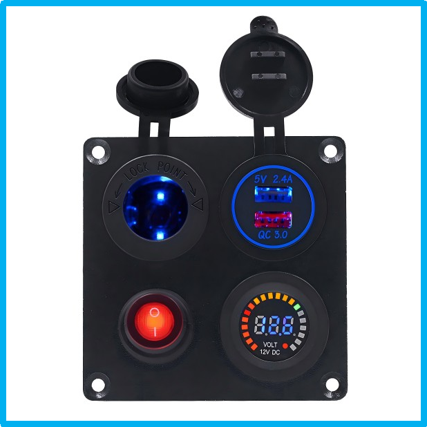 方形鋁板帶獨立開關帶燈點煙器座+QC3.0雙USB+彩屏電壓表組合面板